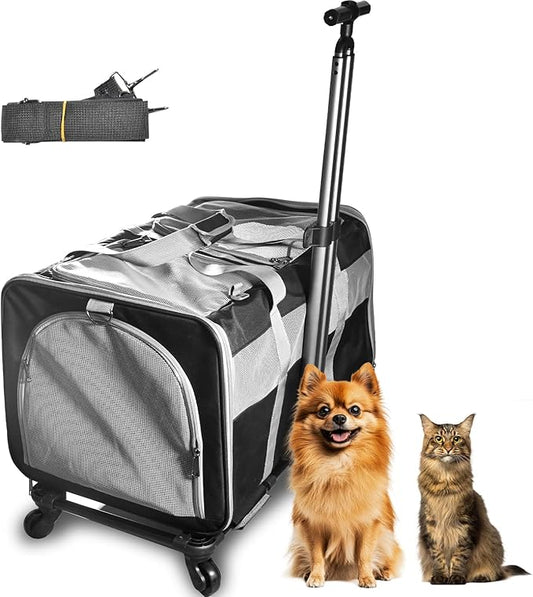 Cat Carrier for 2 Cats, Large Dog Cat Carrier with Wheels for Under 44lbs, Rolling Pet Carrier with Removable Pole Platform and Upgraded Wheels Dog Cat Travel Carrier for Hiking Camping, Black