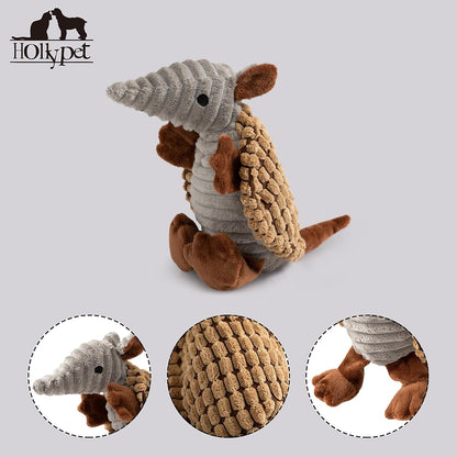 Hollypet Plush Dog Squeaky Toy Stuffed Armadillo Animal Pet Puppy Chew Toys with Clean Teeth for Small Medium Large All Breed Sizes Dogs, Light Brown, 8 in