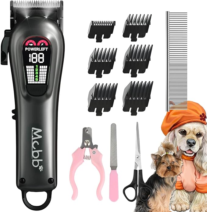 MCBB Dog Clippers - Low Noise, 5-Mode Heavy-Duty with LED Display, Rechargeable, Cordless Pet Grooming Tool