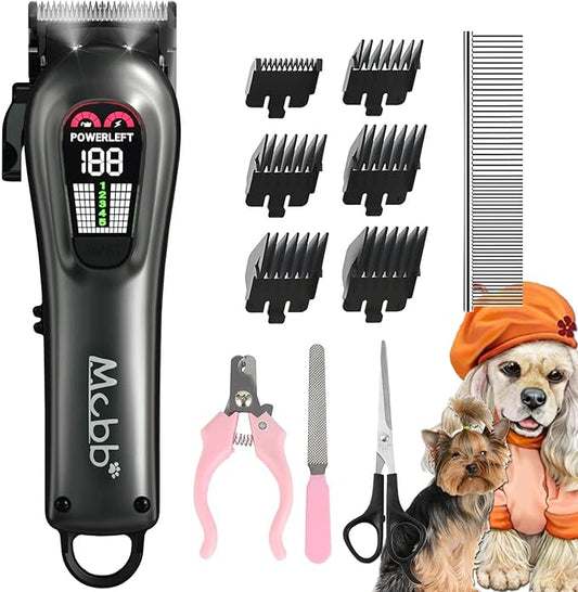 MCBB Dog Clippers - Low Noise, 5-Mode Heavy-Duty with LED Display, Rechargeable, Cordless Pet Grooming Tool
