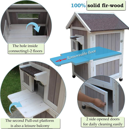 Rockever Outdoor Cat House, Large Outdoor Houses for Feral Cats Wooden Outside Cat Shelter Weatherproof with Escape Door
