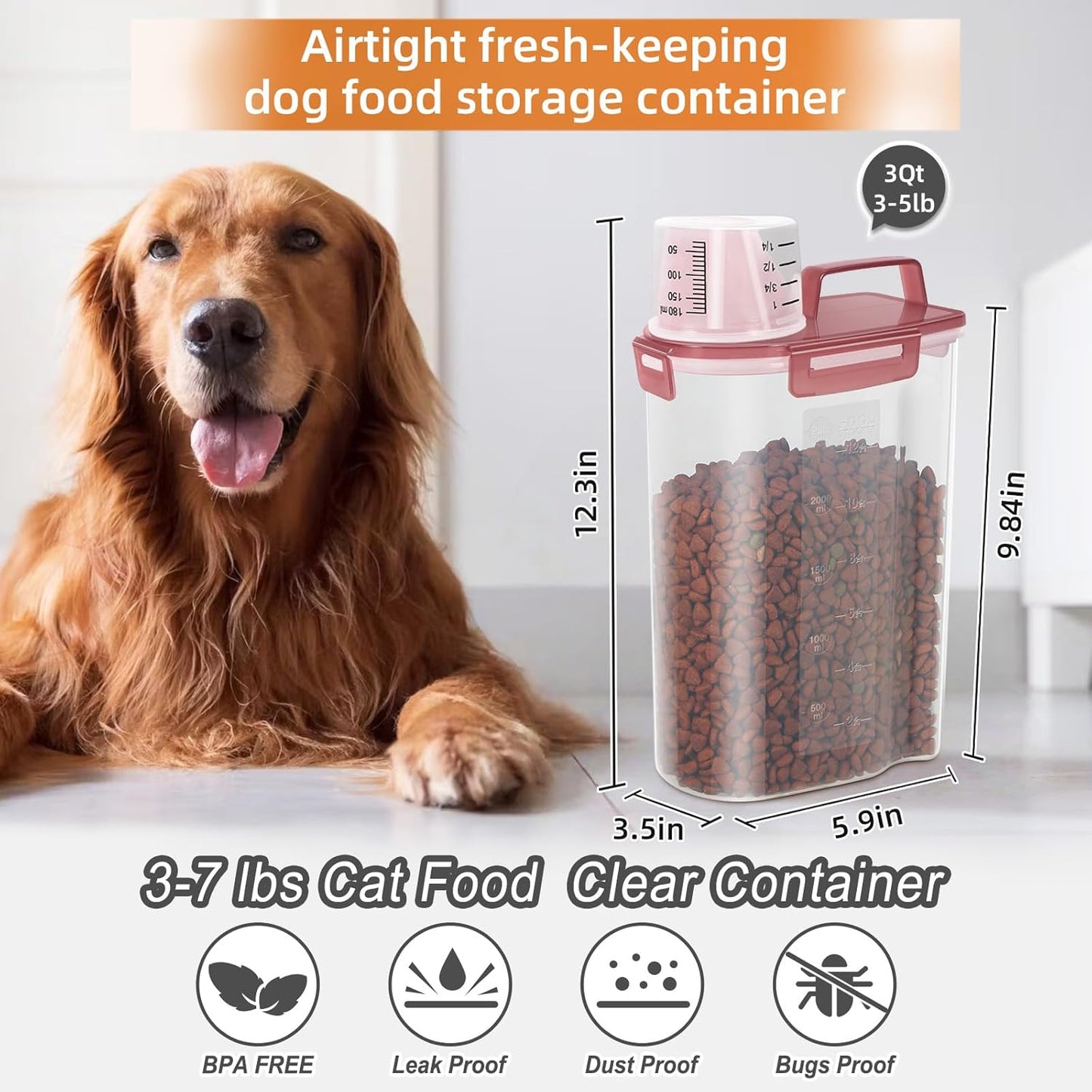 3-5Lbs Small Cat Dog Food Storage Containers BPA Free, Airtight Pet Food Storage Containers with Large Pour Spout/1 Measuring Cup/ 4 Safety Locks and double-layer silicone strip (Clear PInk&1)