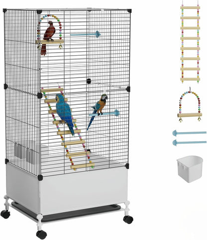 Big Flight Bird Cage, Black Parakeet Cages with Rolling Stand & Wheels, Wide Birdcage for Parrots Cockatiels Conure Budgie Canary Finch Lovebird