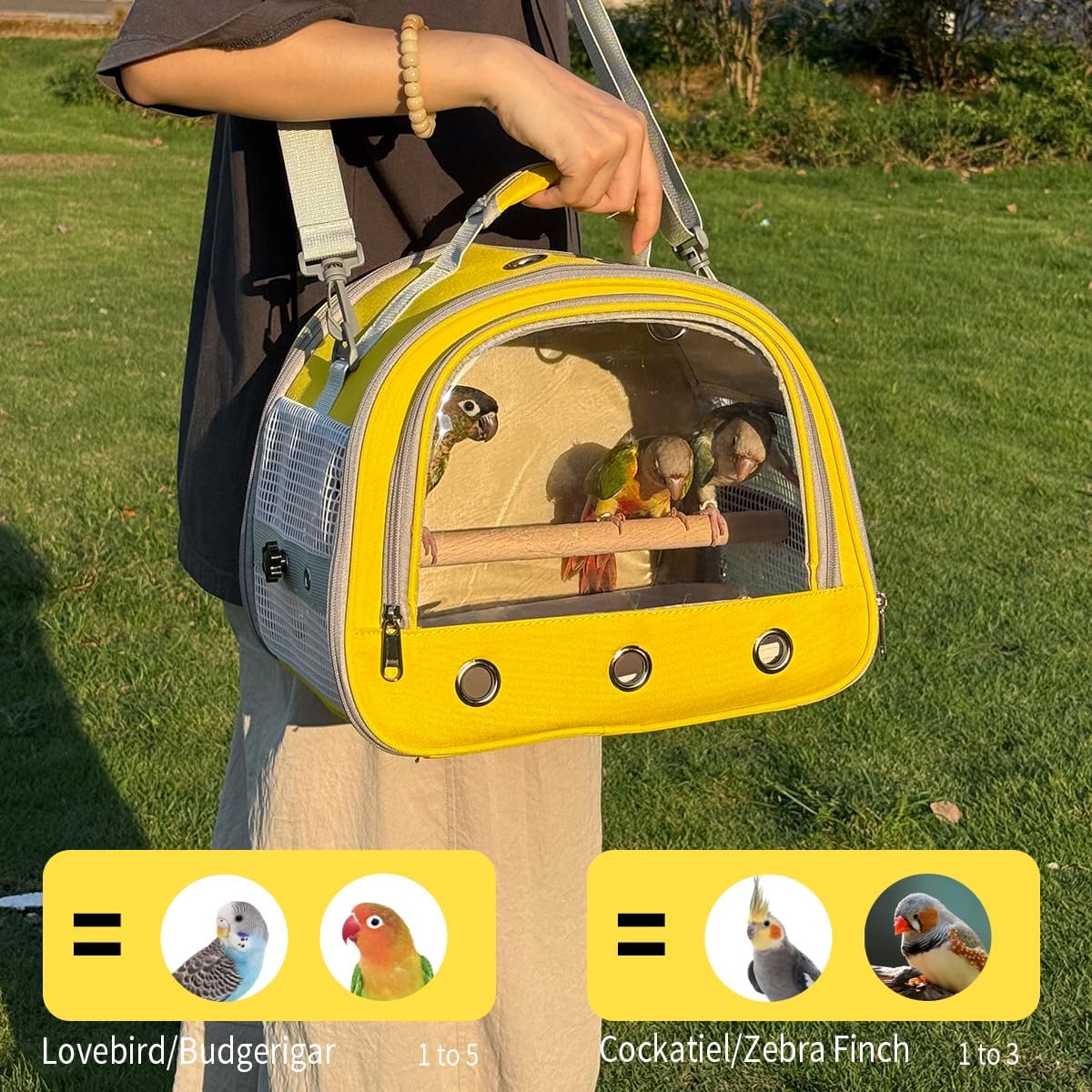 Bird Carrier,Bird Cage Parakeet Parrot Budgie Carrier Backpack for Small Birds, Travel Bird Cages with Perch, Transparent Ventilation Cockatiels, Lightweight Pet Carrier for Outdoor Use(Yellow)