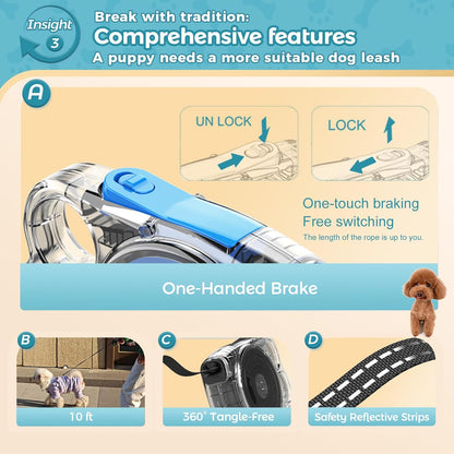 10ft Retractable Dog Leash for Small Dogs, Puppies, and Cats, 360° Tangle-Free, One-Handed Brake, Applicable to Pets of Small Size
