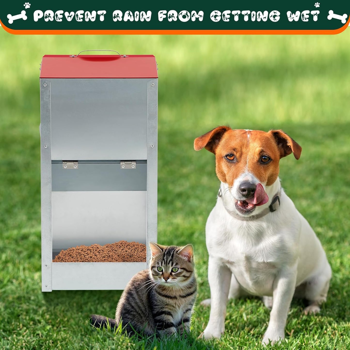 2 Pcs 12 Lbs Large Automatic Dog Feeders with Handle Acrylic Panel Galvanized Gravity Feeder Outdoor Hanging for Doggie Breed Dog Food Dispenser Container(Red, No Wheels)