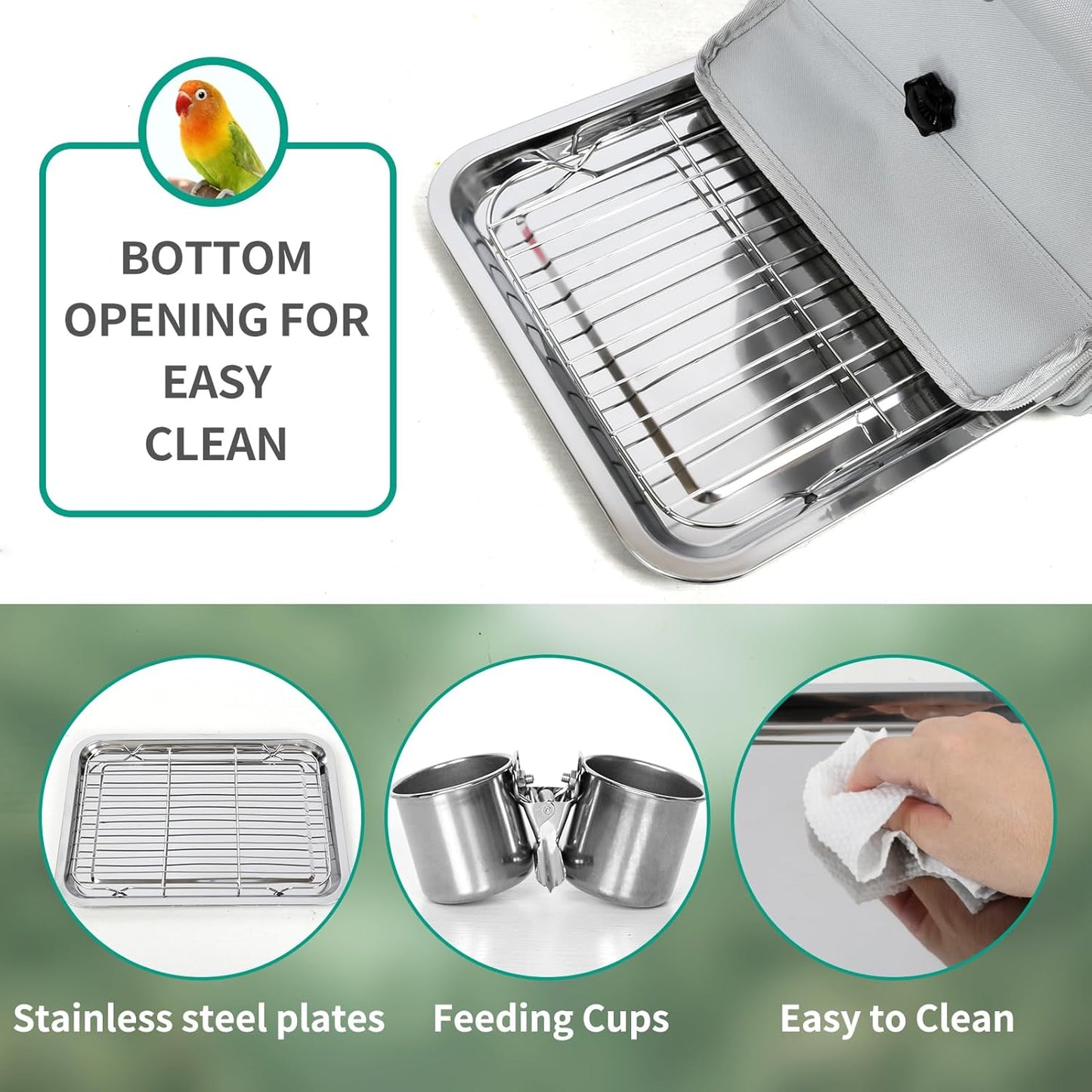 Bird Carrier Bag, Bird Travel Cage with Standing Perch and Indestructible Stainless Steel Mesh, Protable Transparent Breathable Carrier with Feeder Cups for Small Birds Parrot Parakeet, Grey