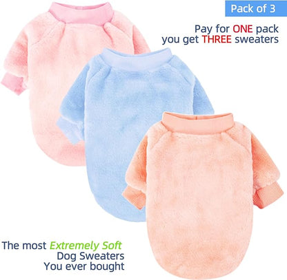 FabriCastle Small Dog Sweaters, 3-Pack Dog Clothes for Small Dogs Girl & Cats, Soft and Warm Pet Coats, Winter Pet Jacket, Doggy Apparel Costumes, Puppy Outfits (Ballet Pink,SkyBlue,Peach, Medium)