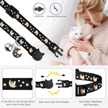 2Pcs Breakaway Cats Collars Cat Collars for Boy & Girl Cats Moons Adjustable Kitten Collars with Bell & Pendant Glow in The Dark,Black+Pink