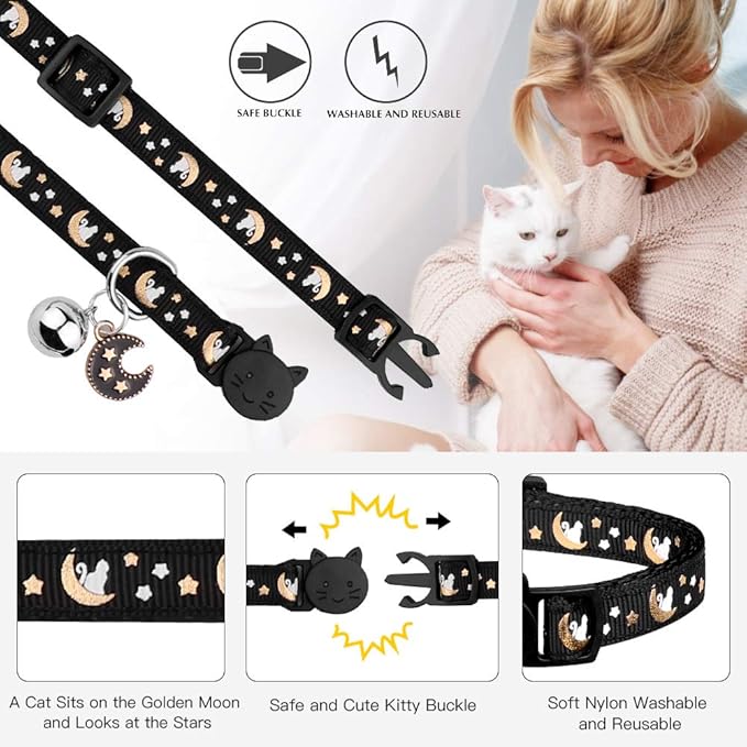 2Pcs Breakaway Cats Collars Cat Collars for Boy & Girl Cats Adjustable Kitten Collars with Bell,Purple+Black,8"-13.1"