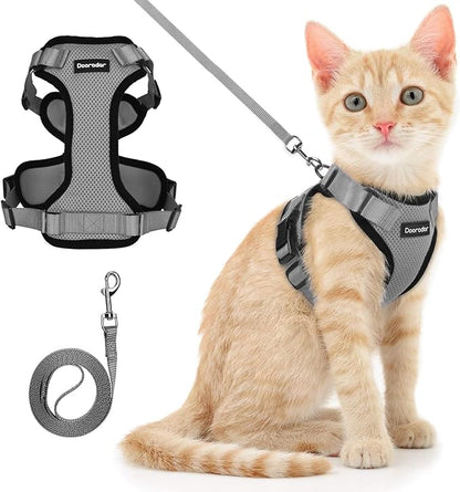 Dooradar Cat Harness and Leash Set, Escape Proof Safe Adjustable Kitten Vest Harnesses for Walking, Easy Control Soft Breathable Mesh Jacket with Reflective Strips for Cats, Grey, XXS