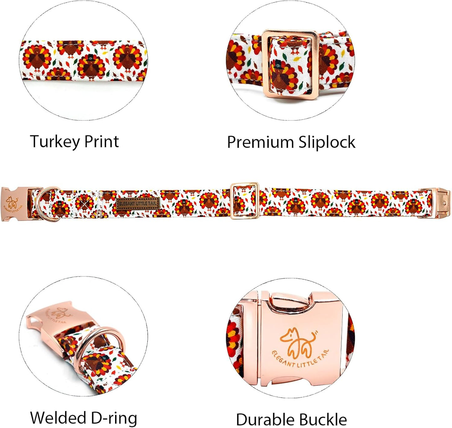 Elegant little tail Thanksgiving Dog Collar, Turkey Print Pet Collar Dog Durable Cute Dog Collars Winter Holiday Male or Female Pet Gift Adjustable Dog Collar for X-Small Puppy
