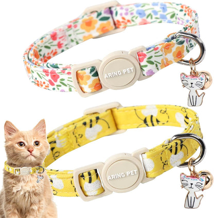 ARING PET 2 Pack Cat Collars-Cute Breakaway Cat Collar with Bell & Pendant, Adjustable Floral&Bees Pattern Kitten Collars with Safety Buckle for Girl and Boy Cats