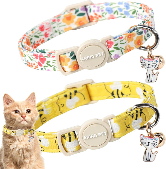 ARING PET 2 Pack Cat Collars-Cute Breakaway Cat Collar with Bell & Pendant, Adjustable Floral&Bees Pattern Kitten Collars with Safety Buckle for Girl and Boy Cats