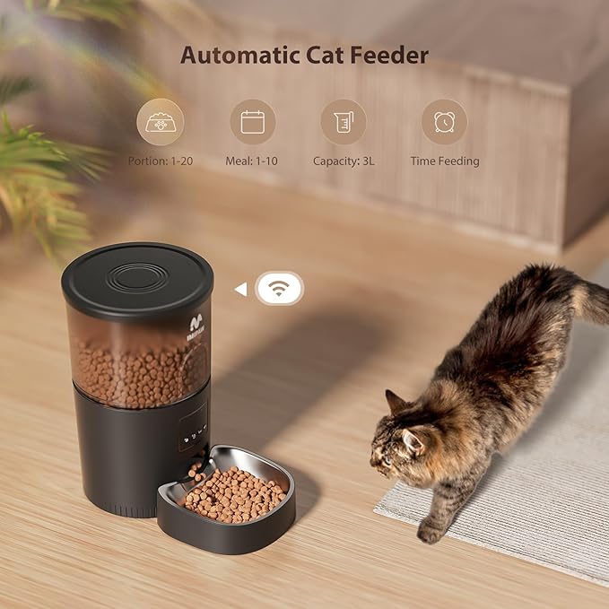 IMIPAW Automatic Cat Feeder, 5G WiFi Food Dispenser with APP Remote Control, Pet Dry Food Smart Feeder, Programmable Timed Feeding, Dual Power Supply, 1-10 Meals, Desiccant Bag, Stainless Steel Bowl