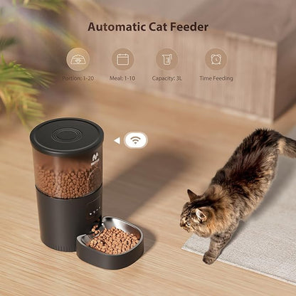 IMIPAW Automatic Cat Feeder, 5G WiFi Food Dispenser with APP Remote Control, Pet Dry Food Smart Feeder, Programmable Timed Feeding, Dual Power Supply, 1-10 Meals, Desiccant Bag, Stainless Steel Bowl