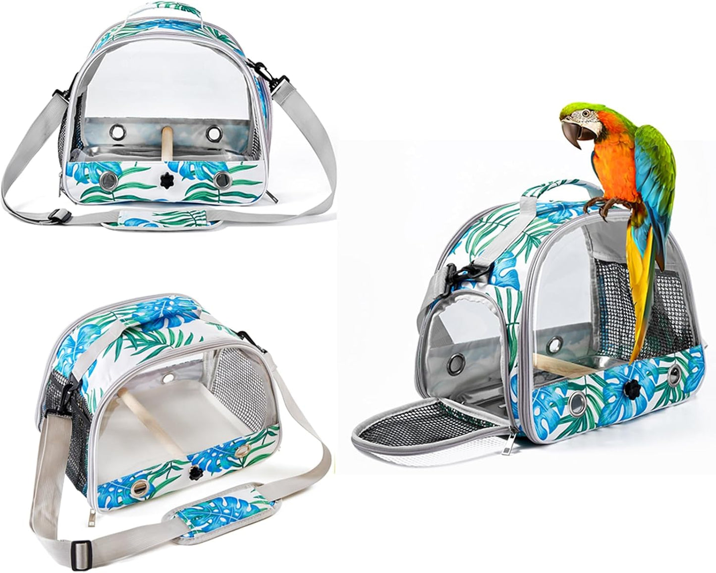 Small Bird Carrier Cage with Standing Perch & Tray Portable & Breathable Pet Travle Transport Carry Bag with Shoulder Strap for Vet Visit & Outdoor Walking (Printed)
