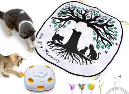 ORSDA Cat Toys for Indoor Cats 4 in 1 Interactive Automatic Cat Toys for Bored Indoor Adult Cats Kitten Toy Rechargeable 8 Hole Mice Whack-A-Mole, Hide and Seek, Moving Feather, 5PCS DIY Replacement