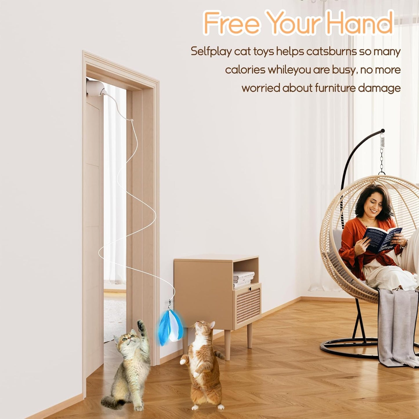 Cat Toys Interactive for Indoor, Cats Toy Hanging Door Electric for Bored, Feather Toy Kitten Rechargeable Door Hanging Automatic String with 4pcs Feather Toys, White