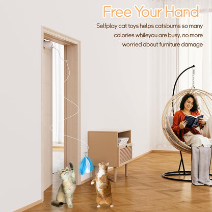 Cat Toys Interactive for Indoor, Cats Toy Hanging Door Electric for Bored, Feather Toy Kitten Rechargeable Door Hanging Automatic String with 4pcs Feather Toys, White