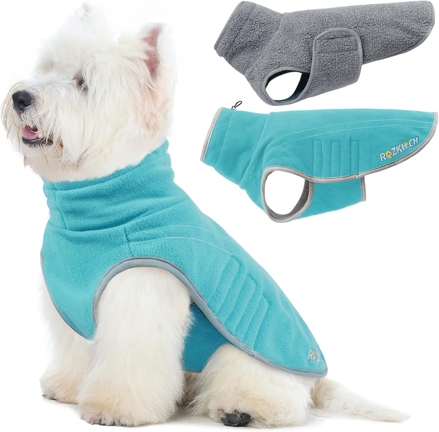 ROZKITCH Reversible Fleece Jacket for Dogs Super Warm Fleece Sherpa Sweater with Embroidery, Adjustable Double-Sided Plush Sweatshirt for Medium Giant Breeds Bluegreen L