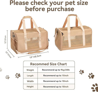 Petsfit 19x12x12 Pet Carrier for Large Cats (up to 20 lbs), Soft-Sided Small Dog Travel Carrier, Upgraded with Patented Buckle and Soft Padding, Ideal for Car Road Trips,Khaki