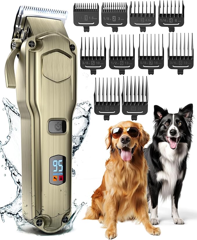 oneisall Dog Clippers for Grooming for Thick Heavy Coats/Low Noise Rechargeable Cordless Pet Shaver with Stainless Steel Blade/Waterproof Dog Shaver for Dogs Pets and Animals (Gold)