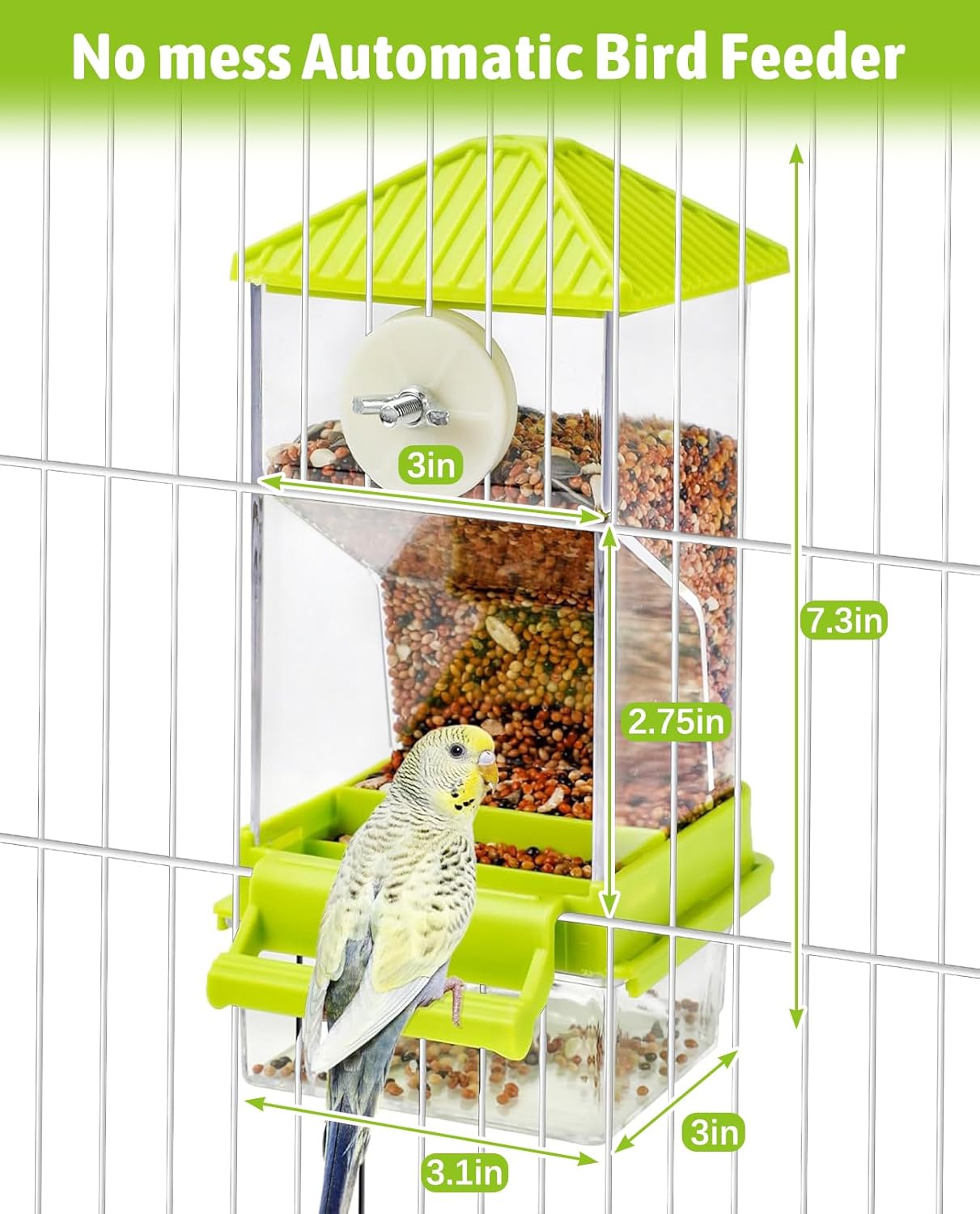 Hamiledyi Automatic Bird Feeder No Mess Bird Cage Feeder Seed Food Container with Perch Transparent Parrot Cage Accessories for Parakeets, Budgies, Cockatoos, Finches, Lovebirds, Canaries (Green)
