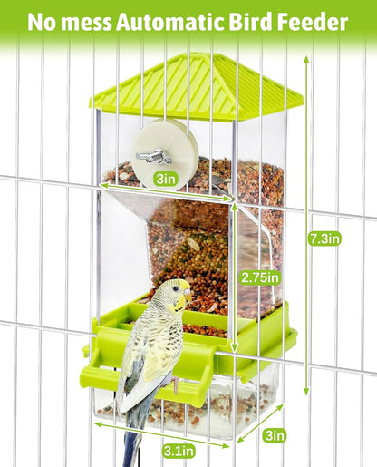 Hamiledyi Automatic Bird Feeder No Mess Bird Cage Feeder Seed Food Container with Perch Transparent Parrot Cage Accessories for Parakeets, Budgies, Cockatoos, Finches, Lovebirds, Canaries (Green)
