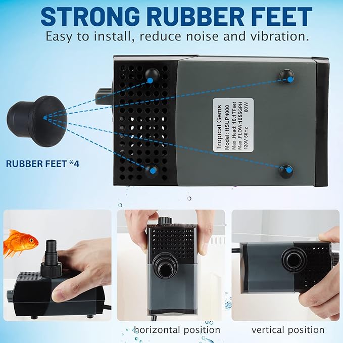 WaterRebirth HSUP4000F Versatile Submersible Pump - Fountain Jets for Ponds, Fish Tanks, Water Gardens - Aquarium & Pond Pump (4000L/H)