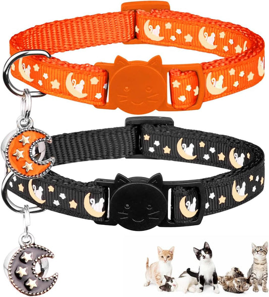2Pcs Breakaway Cats Collars Cat Collars for Boy & Girl Cats Adjustable Kitten Collars with Bell,Black+Tangerine,8"-13.1"