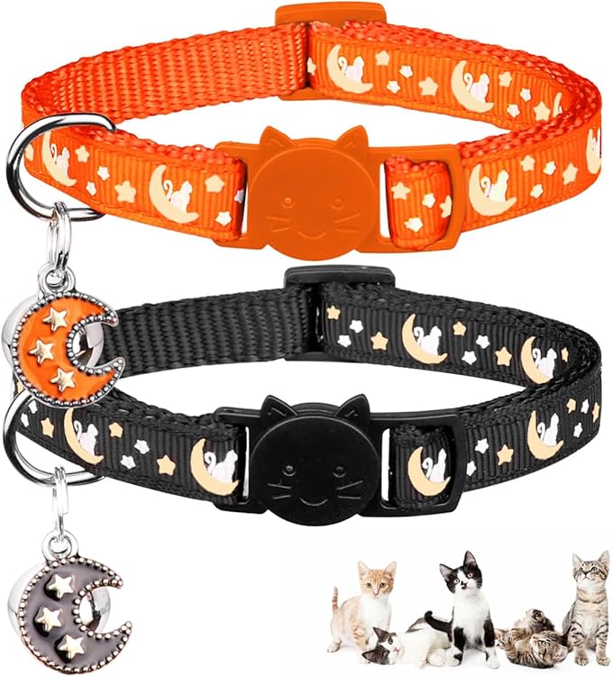 2Pcs Breakaway Cats Collars Cat Collars for Boy & Girl Cats Adjustable Kitten Collars with Bell,Black+Tangerine