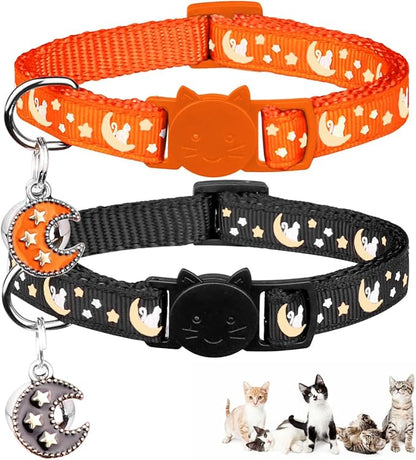 2Pcs Breakaway Cats Collars Cat Collars for Boy & Girl Cats Adjustable Kitten Collars with Bell,Black+Tangerine
