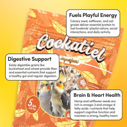 Mycelium Organic Cockatiel Superfood Bird Seed (5 LBS) | Premium Bird Food for Cockatiels & Small Parrots | Supports Immunity, Digestion & Development | Non-GMO, No Fillers, Made in USA