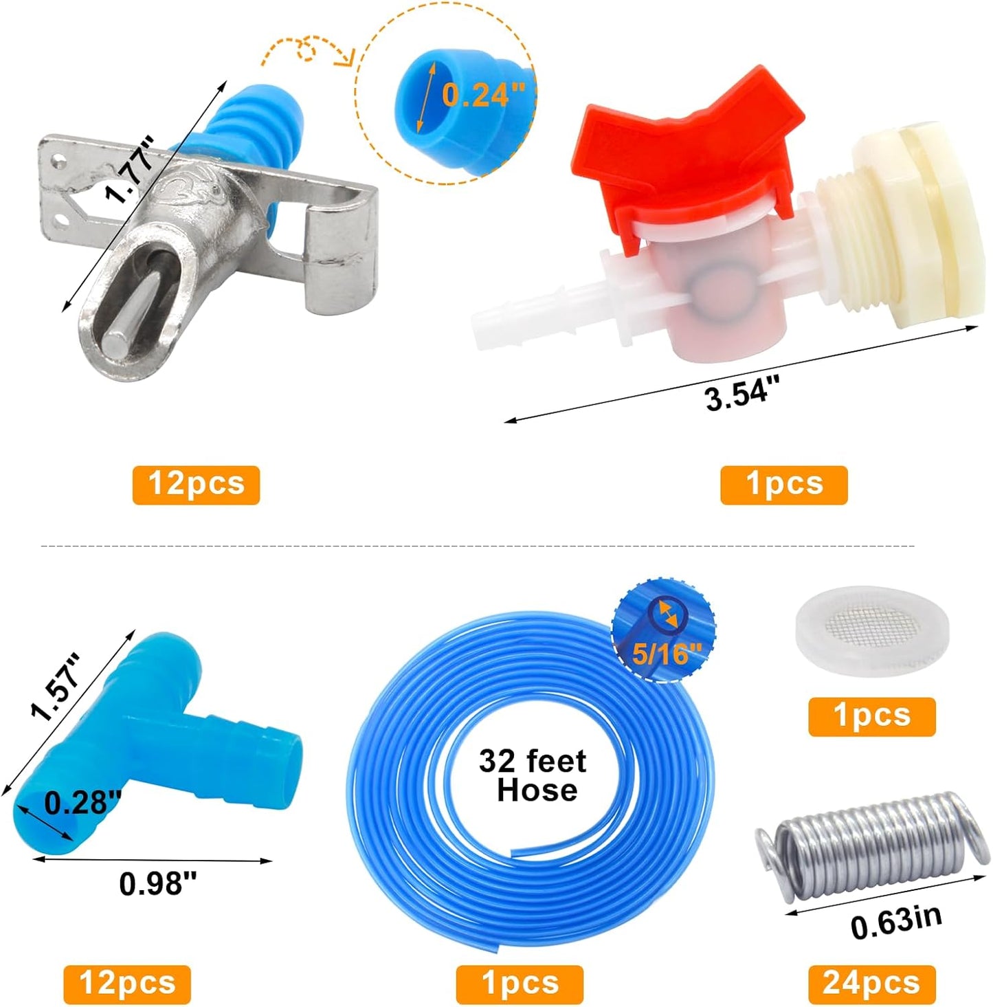 Upgrade Automatic Rabbit Watering Kit Include 12 Nipple Drinker Feeders, 32 Feet Odorless ID 5/16" Hose, Barb Fittings to G1/2" Thread Connector, Rabbit Nipples, Watering System Bucket Connector