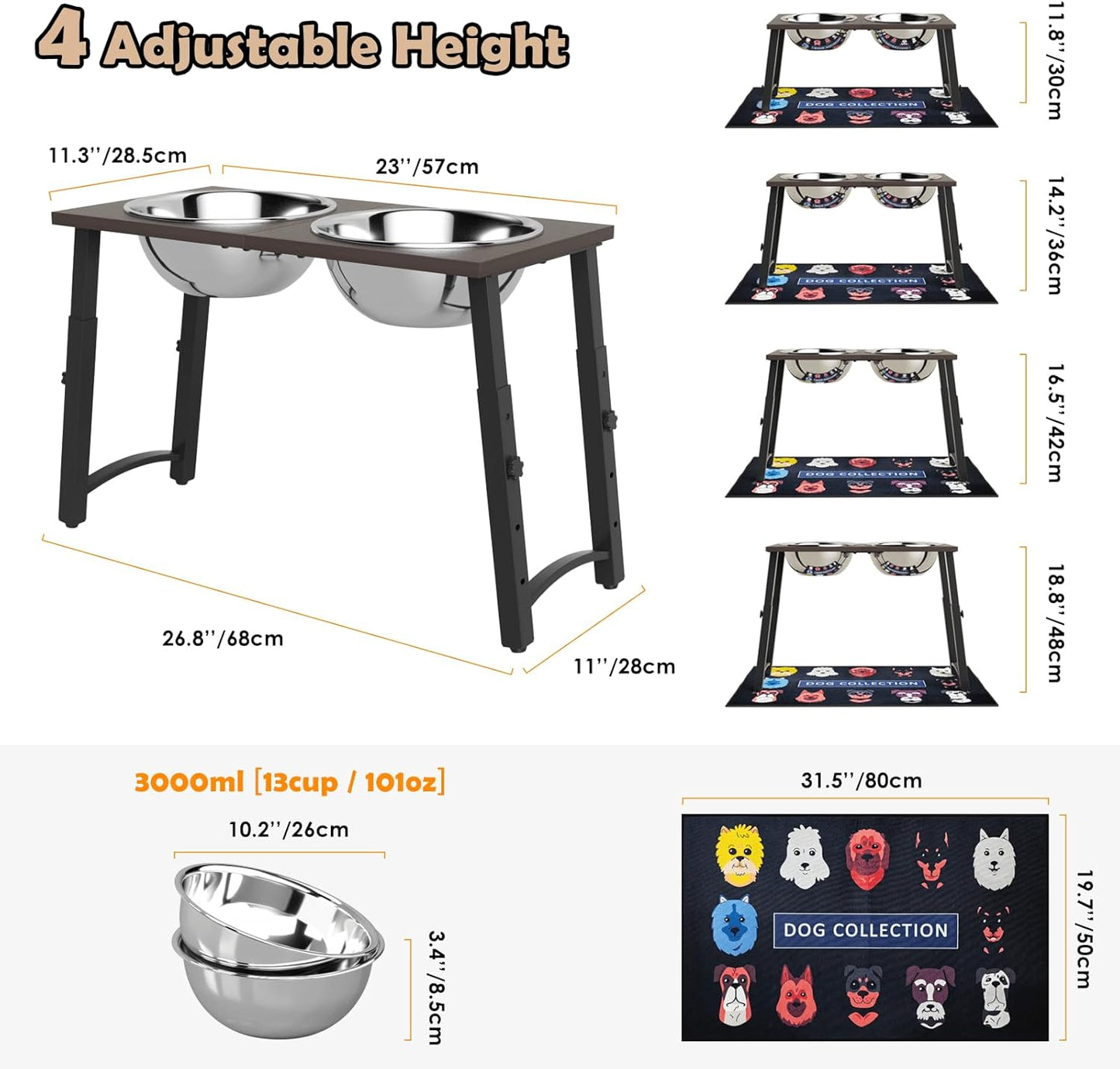 Elevated Dog Bowls for Large and X-Large Dogs, with Spill Proof Mat, 4 Heights Adjustable Wood Raised Dog Bowl Stand with Two Stainless Steel Food and Water Bowls, Non-Slip