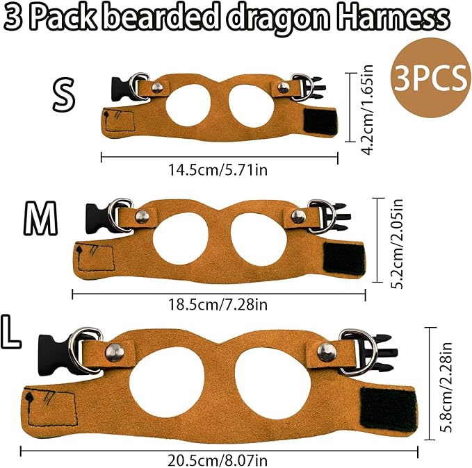 3 Pack Bearded Dragon Harness and Leash [3 Sizes] Adjustable Soft Leather Lizard Harness w/Retractable Leash Small Animal Traction Rope Walking Vest Accessories for Lizards Reptiles Squirrel Rat