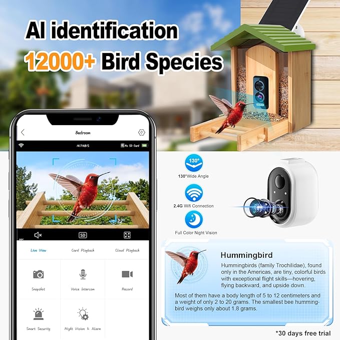 Smart Bird Feeder with Camera,Premium Bamboo Wood–2.5K UHD AI-Powered Recognition, Solar Powered & Waterproof Outdoor Wireless Design, Auto-Detects 12K Species–Ideal Gift for Bird Watching