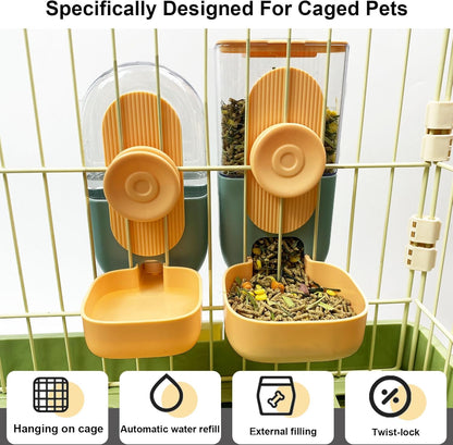 Hanging Automatic Pet Food Water Dispenser, 35oz Rabbit Feeder for Cage Gravity Feeder Siphon Waterer Set for Rabbit Chinchilla Hedgehog Ferret Cat Puppy (Orange)