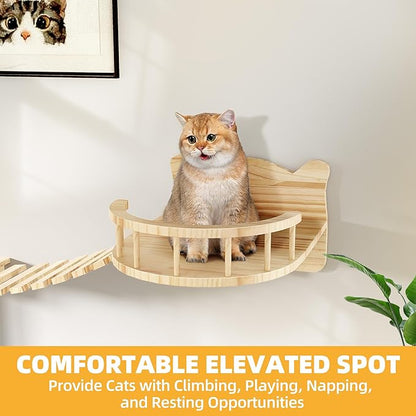 Wooden Cat Wall Shelves, Cat Wall Furniture Solid Wood Feline Shelf, 16 Piece Feline Shelves and Perches with Condos, House, Steps, Bridge Ladder, Scratching Post and Tunnel