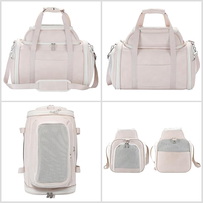 Premium Leather Top Expandable Pet Carrier for Small Dogs & Cats Under 15 lbs, Airline Approved Collapsible Soft-Sided Luxury Travel Bag Beige