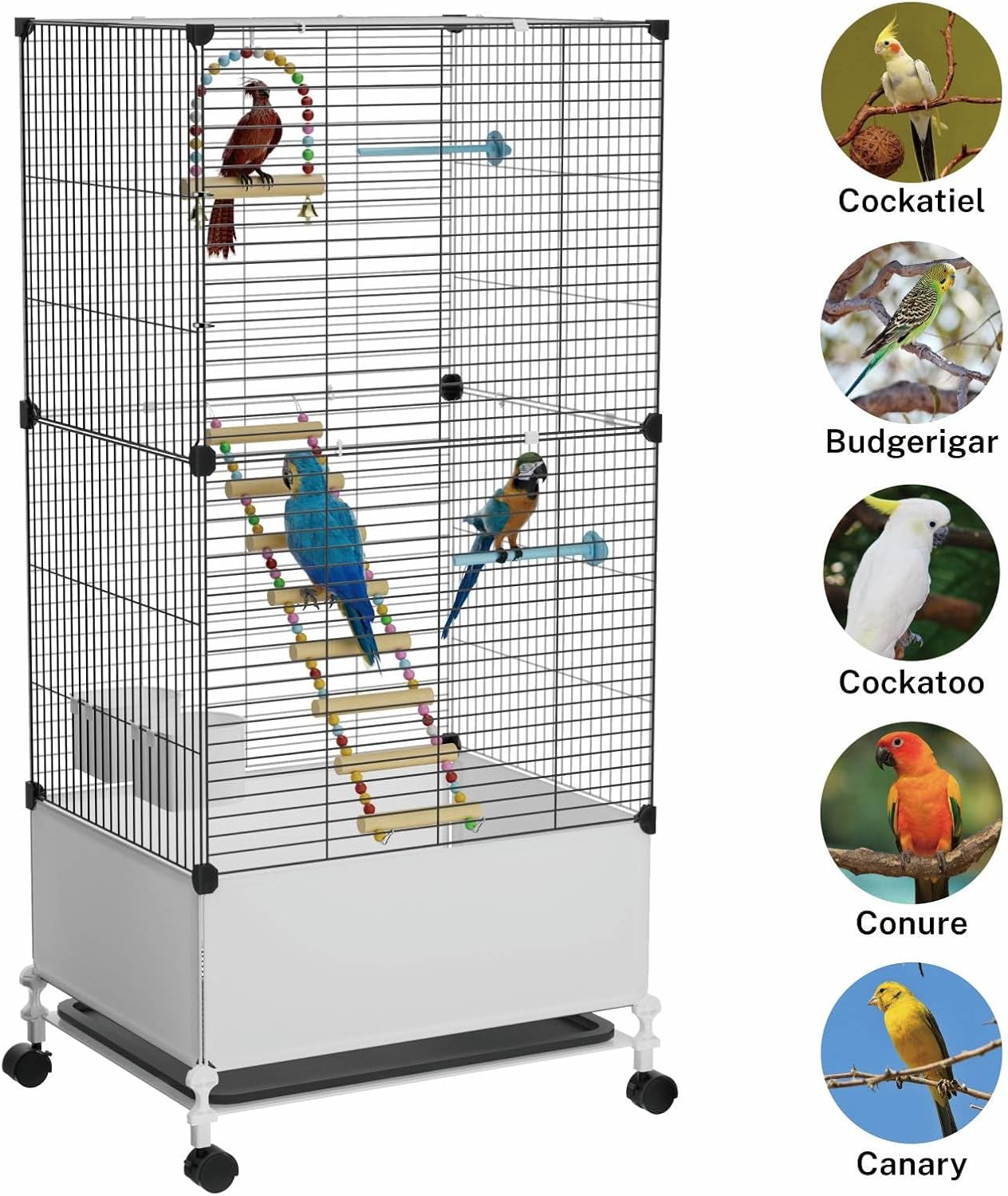 Big Flight Bird Cage, Black Parakeet Cages with Rolling Stand & Wheels, Wide Birdcage for Parrots Cockatiels Conure Budgie Canary Finch Lovebird