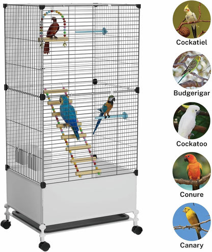 Big Flight Bird Cage, Black Parakeet Cages with Rolling Stand & Wheels, Wide Birdcage for Parrots Cockatiels Conure Budgie Canary Finch Lovebird