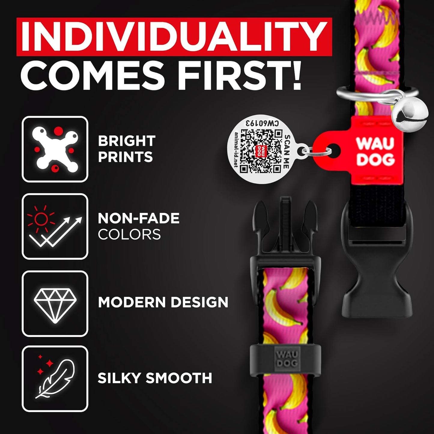 WAUDOG Nylon Cat Collar with Removable Bell and QR ID Tag for Small, Medium and Large Breeds Adjustable Long Lasting Durable Kitten Collars Boy & Girl