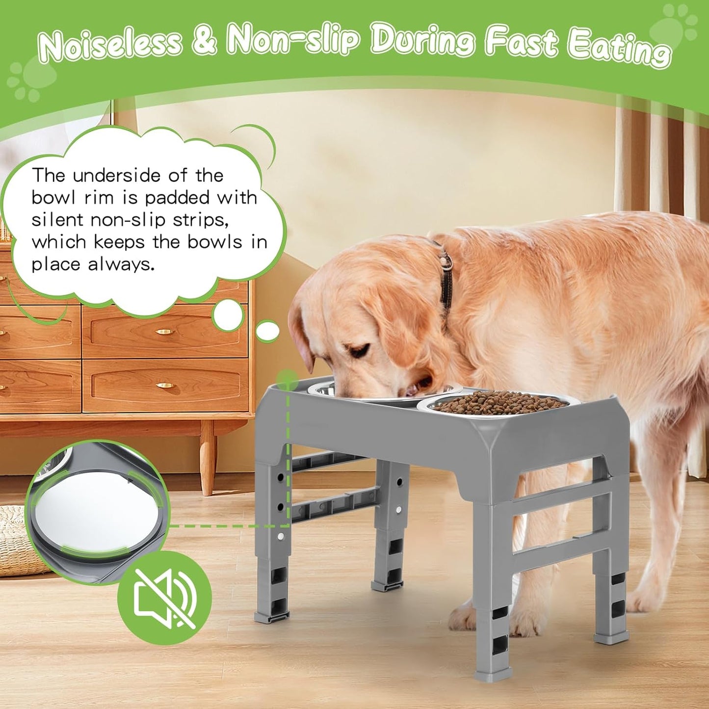 Elevated Raised Dog Bowl Stand with 2 Stainless Steel Bowls, Adjustable Height for Medium Large Dogs, 12.36" - 3.7" Foldable Feeder, Grey