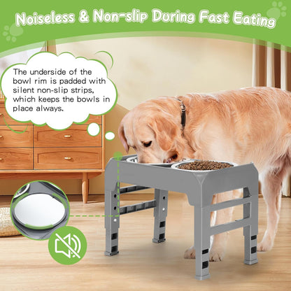 Elevated Raised Dog Bowl Stand with 2 Stainless Steel Bowls, Adjustable Height for Medium Large Dogs, 12.36" - 3.7" Foldable Feeder, Grey