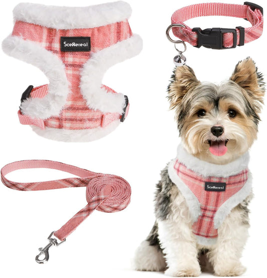 SCENEREAL Small Dog Harness Collar and Leash Set, Mesh Plush No Pull Puppy Vest Harness, Warm Fleece No Chock Step in Small Pet Halter for Outdoor Walking Training, Pink Plaid XS