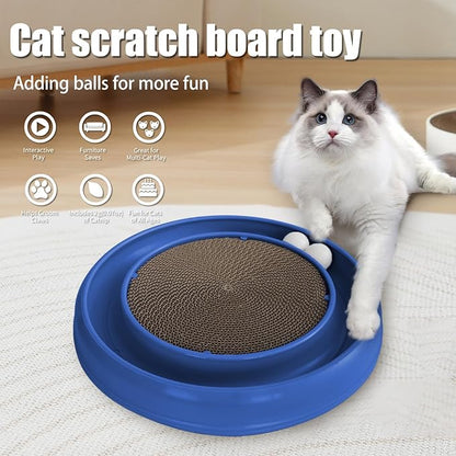 Interactive Cat Scratcher with Two Rotating Balls,Durable Scratch Pad for Indoor Play,Cardboard Cat Scratcher Pad with Cat Toy Ball Track and Catnip,2-in-1 Cat Toy (Blue)