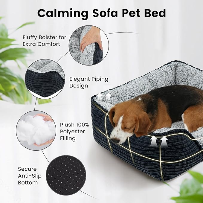 Miguel Washable Dog Bed with Removable Cushion for Small Dogs, Easy to Wash Pet Sofa Bed with Side, Rectangle Bolster Cat Bed Calming Cuddle Puppy Bed with Anti-Slip Bottom, Black 20 Inch