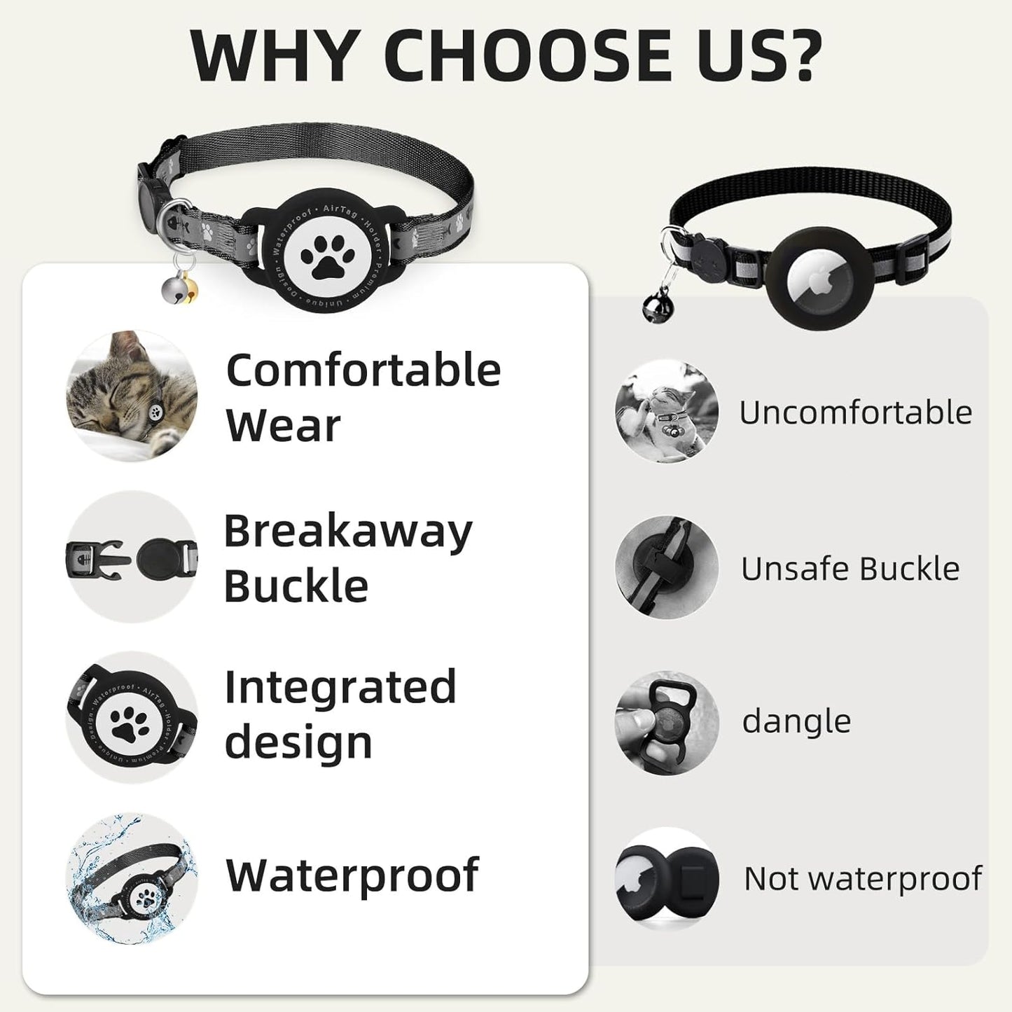 Waterproof Airtag Cat Collar, Reflective Cat Airtag Collar with Bell, Breakaway Cat collar AirTag Holder, Lightweight Kitten Collar for Apple Air tag, Cat GPS Collars for Girl Boy Cats, Kitten (Black)